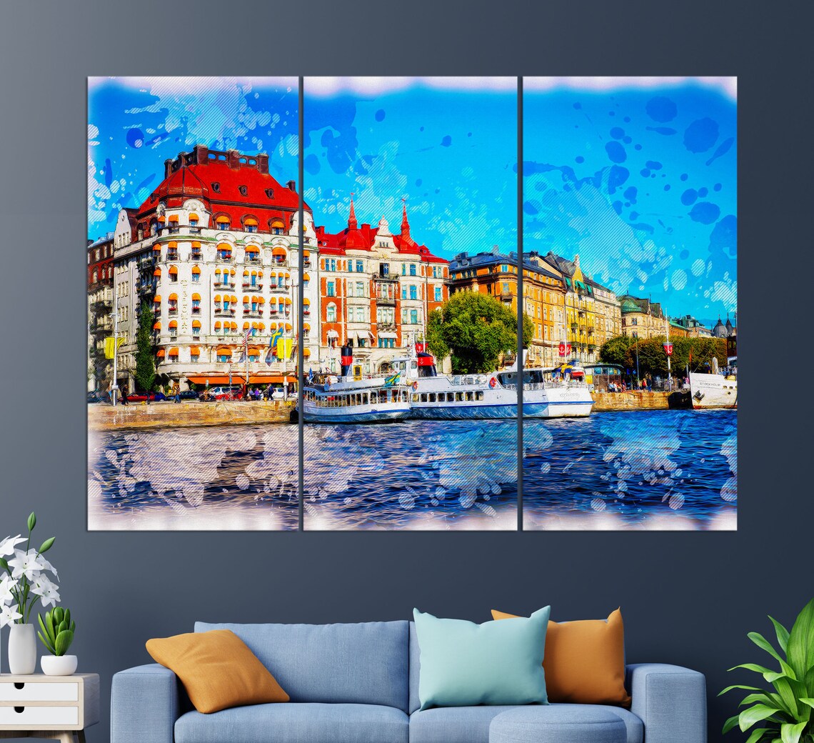 Stockholm Sweden Harbor Waterfront Ferries Blue Sky Travel Poster - Image 3