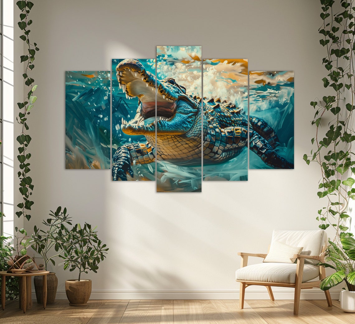 Crocodile Underwater Jaws Open Teal Painting Wild Reptile Art Poster - Image 3