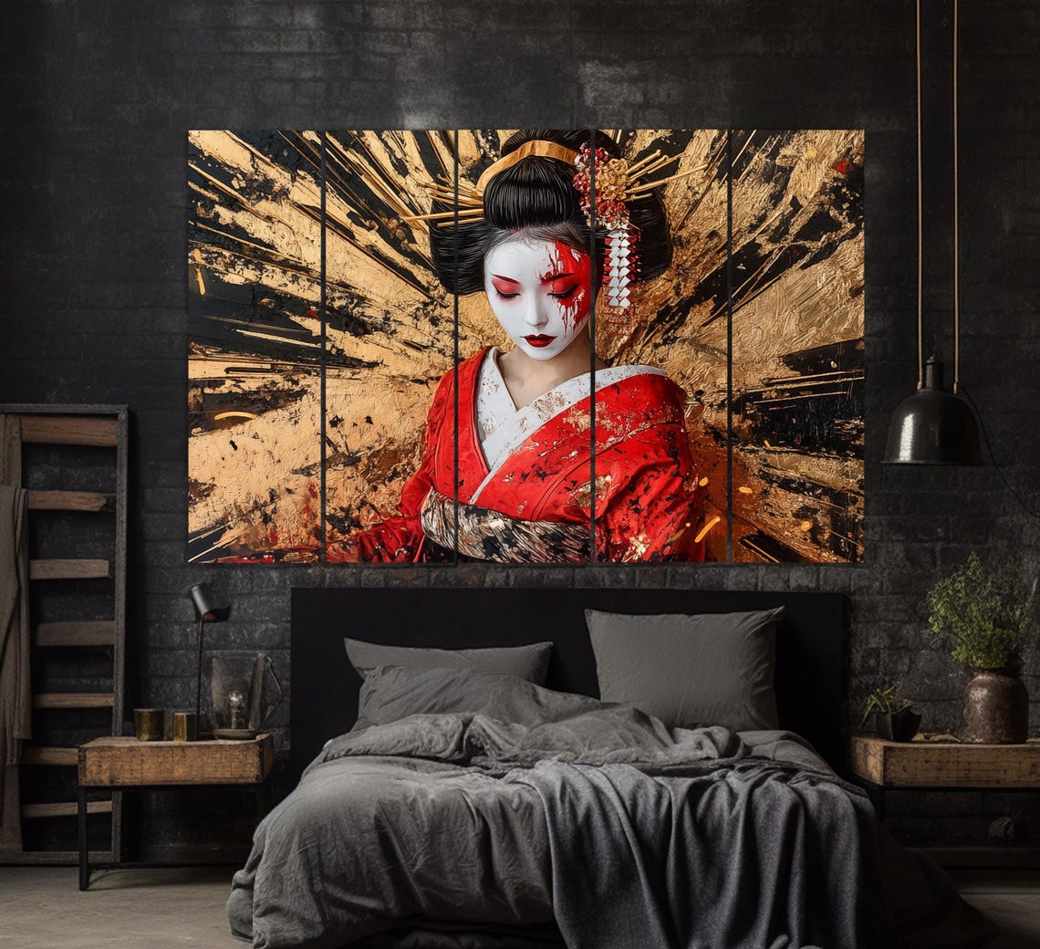 Beautiful Geisha In Red Kimono Print Japanese Woman Painting Japanese Wall Art Japanese Woman Poster Geisha Painting - Image 3