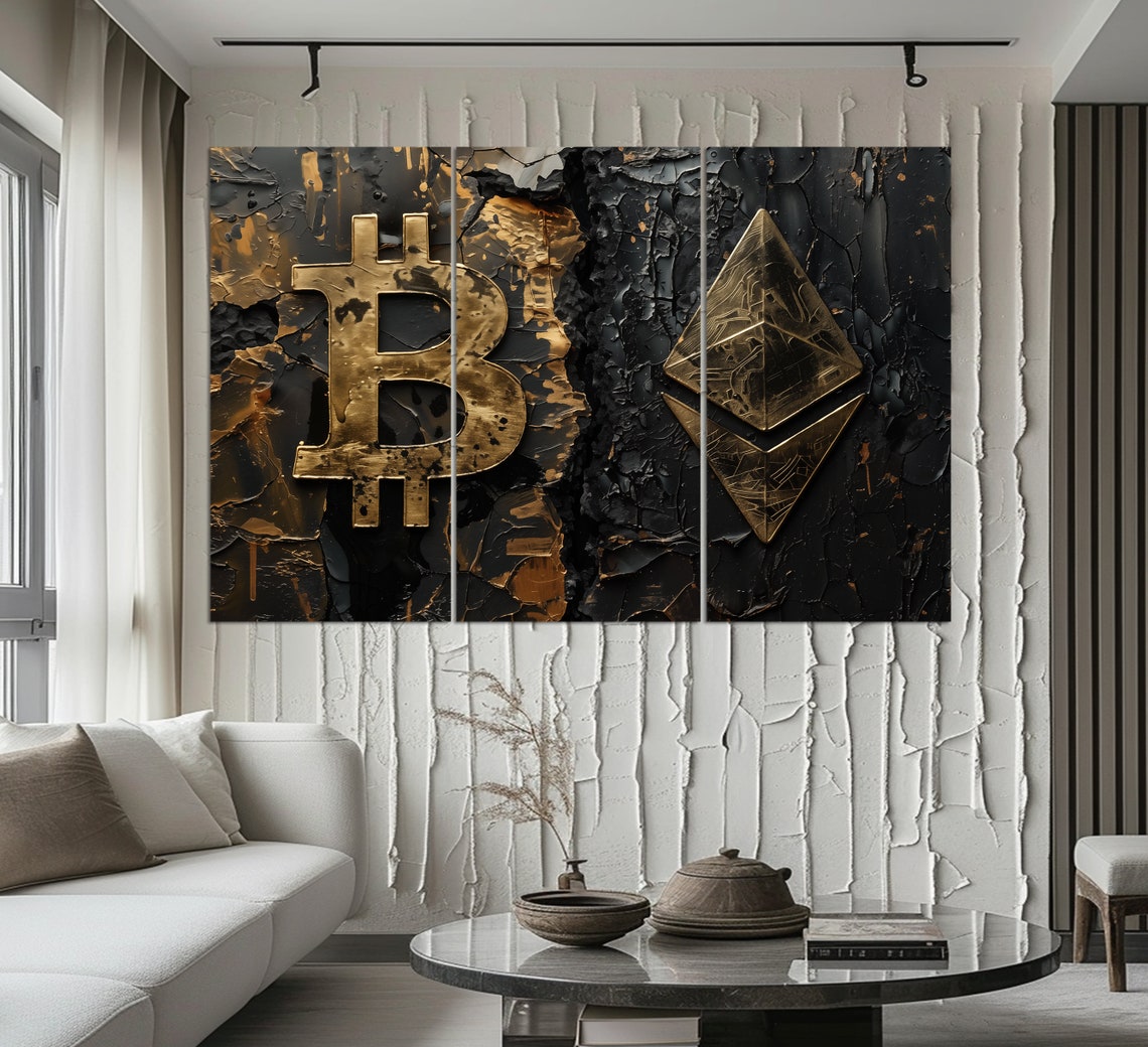 Bitcoin Ethereum Gold Crypto Symbols On Black Textured Wall Art - Image 4