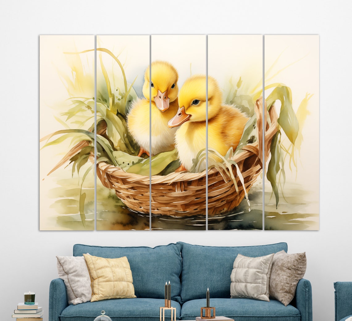 Cute Yellow Ducklings In Wicker Basket Watercolor Nursery Decor Poster - Image 2