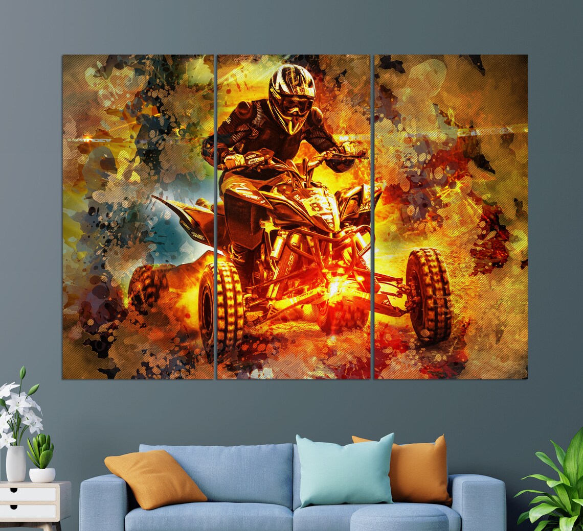 Quad Bike ATV Rider Jumping Fiery Orange Painted Action Wall Poster