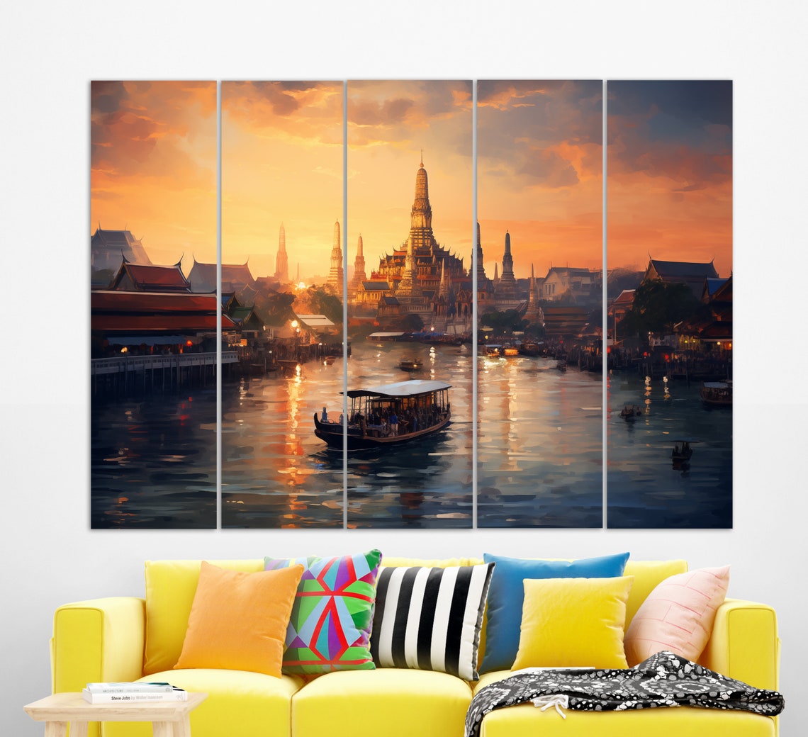 Misty Bangkok Sunset River With Golden Temples And Boat Travel Poster - Image 2
