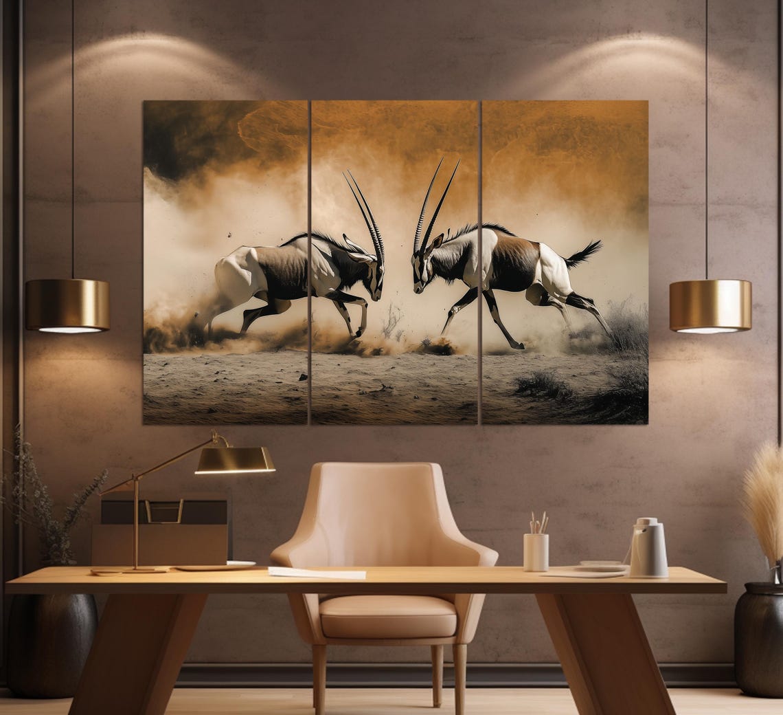 Two Oryx Antelopes Fighting Horns Locked Dusty Savanna Art Poster - Image 3
