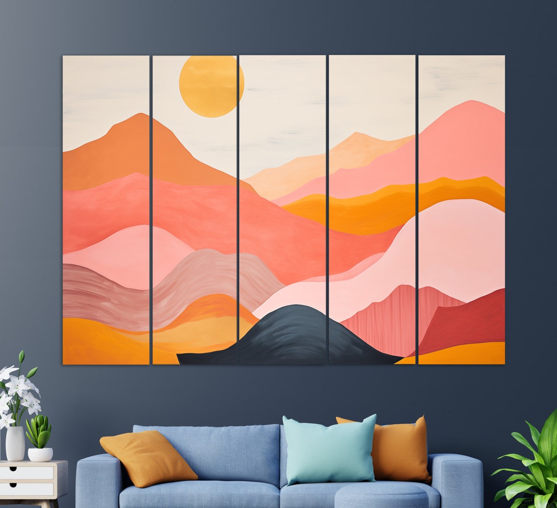 Boho Wall Art Orange Sun Over Pink And Orange Mountains Painting Minimalist Print Minimalist Wall Decor Boho Art - Image 2