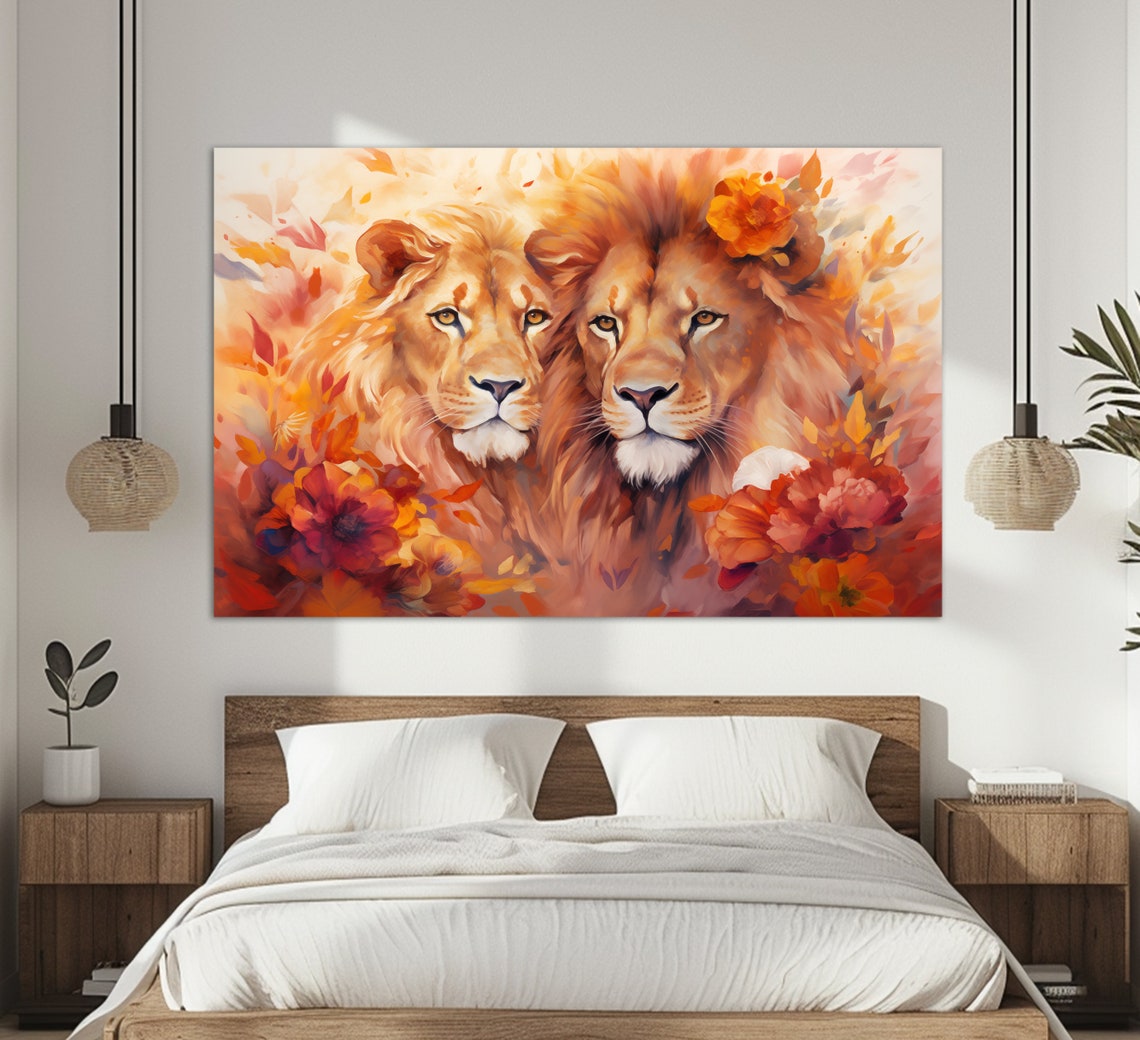Two Male Lions Watercolor Portrait Orange Floral King Jungle Wall Art - Image 3