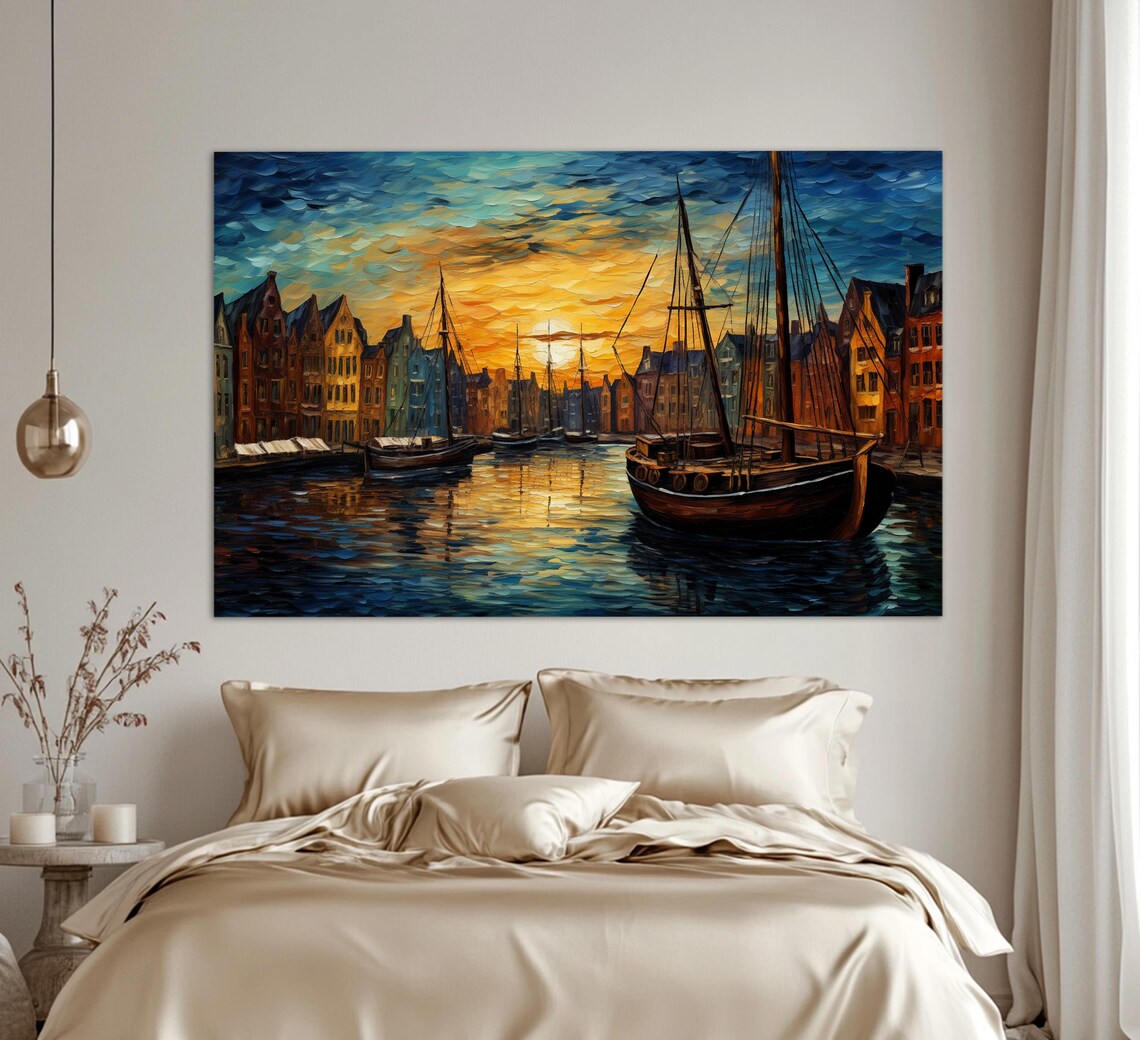 Copenhagen Denmark Nyhavn Harbor Sunset Boats Van Gogh Style Travel Poster