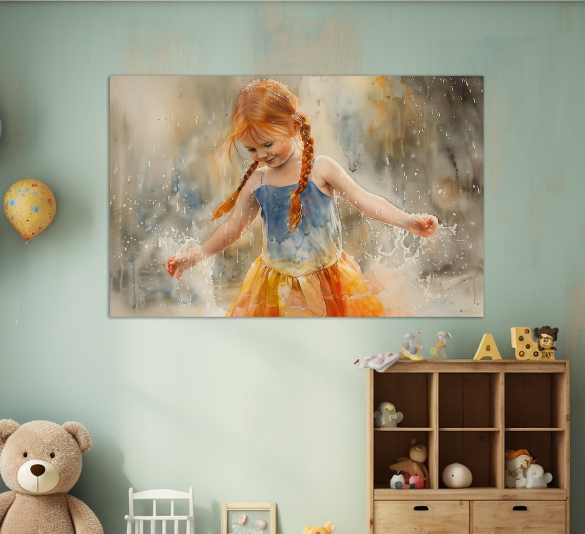 Red Haired Girl Braids Rain Splash Joyful Child Watercolor Wall Art Print