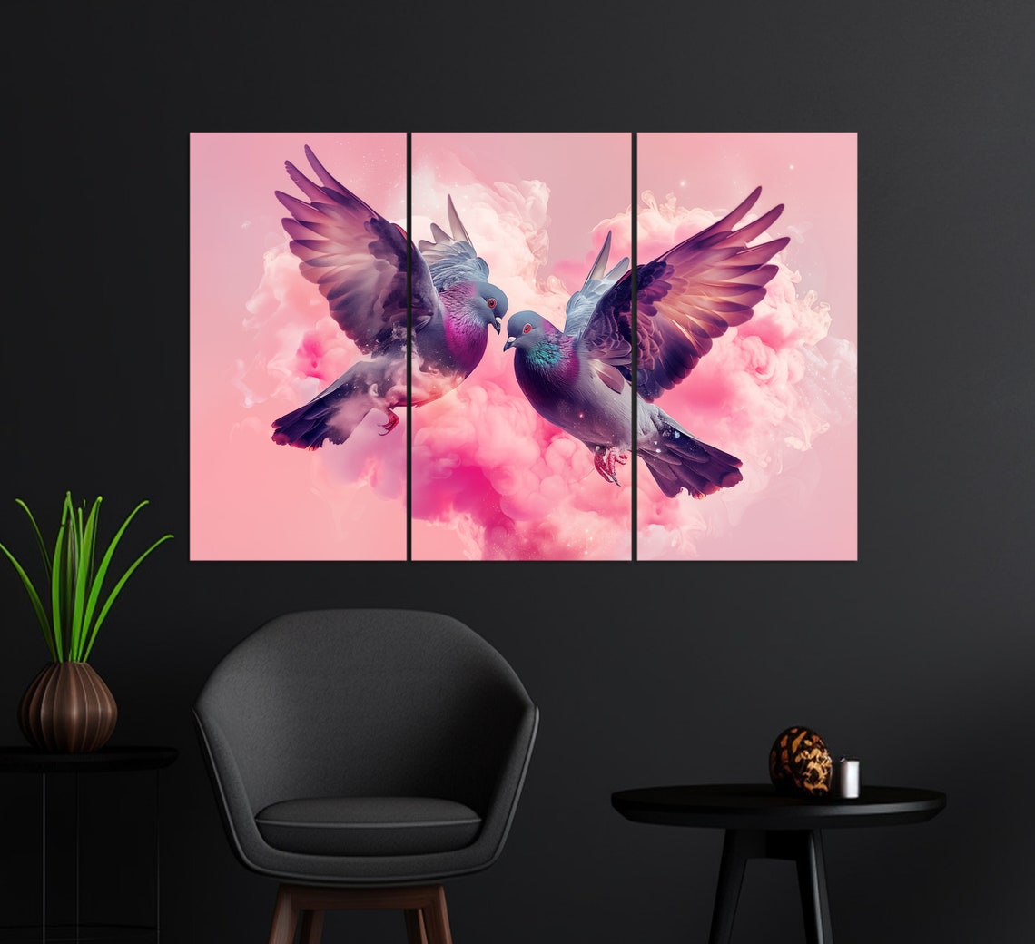 Romantic Lovebirds Pigeons In Flight Pink Smoke Wall Art Poster - Image 3