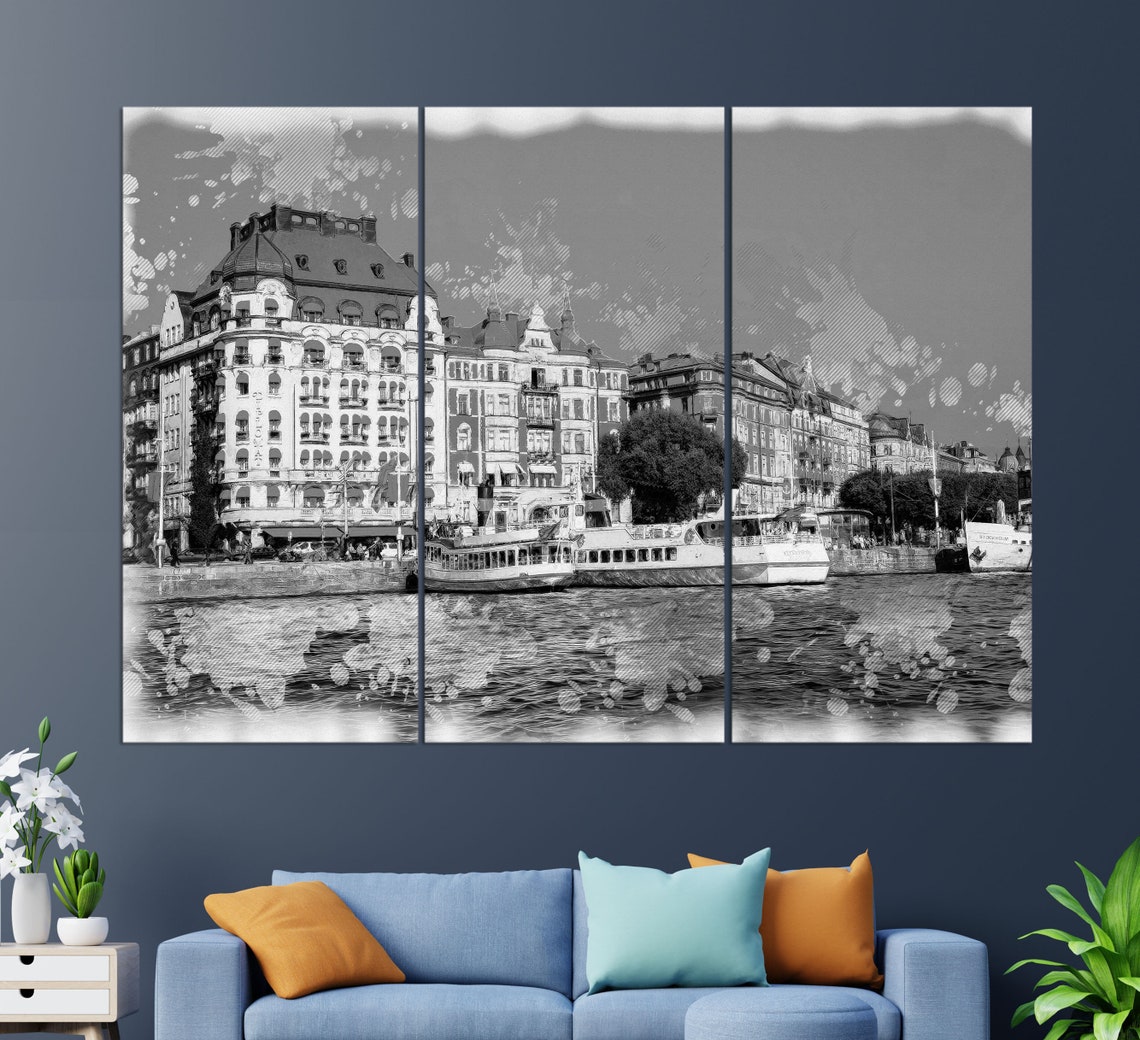 Stockholm Sweden Harbor Waterfront Ferries Blue Sky Travel Poster - Image 2