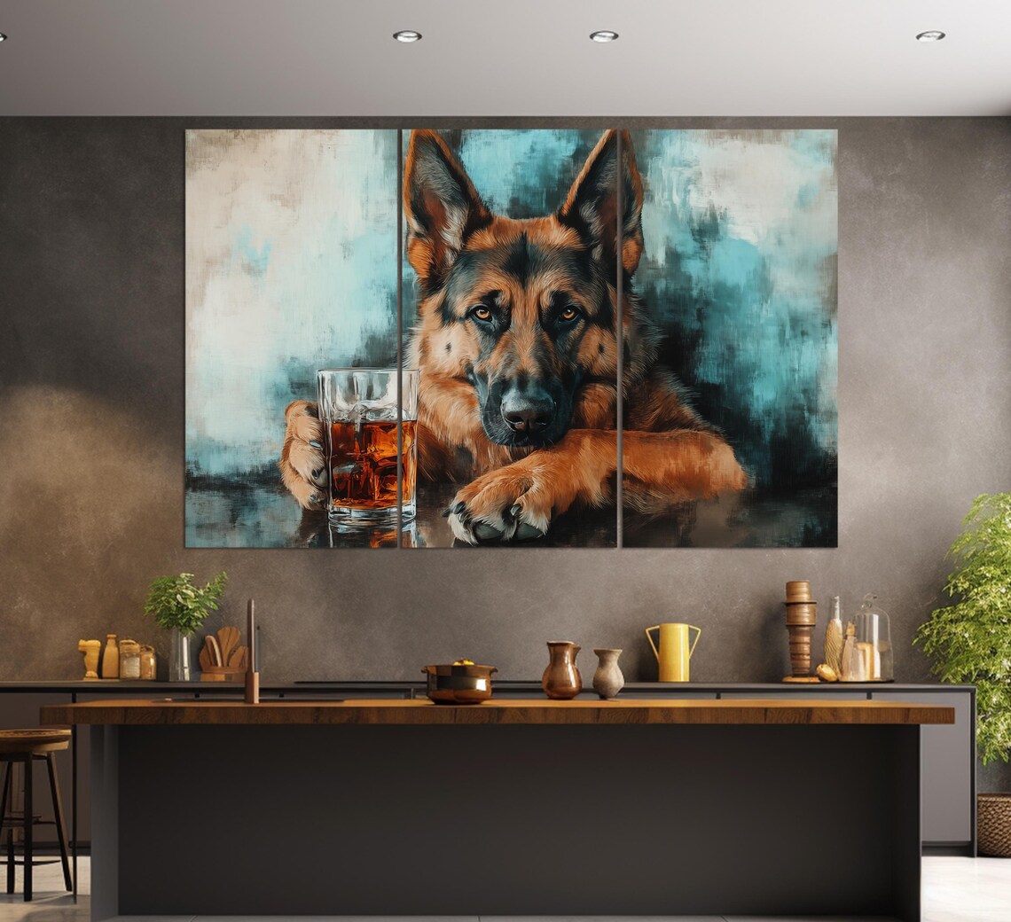 German Shepherd Dog With Whiskey Glass Pub Bar Humor Animal Wall Art - Image 3