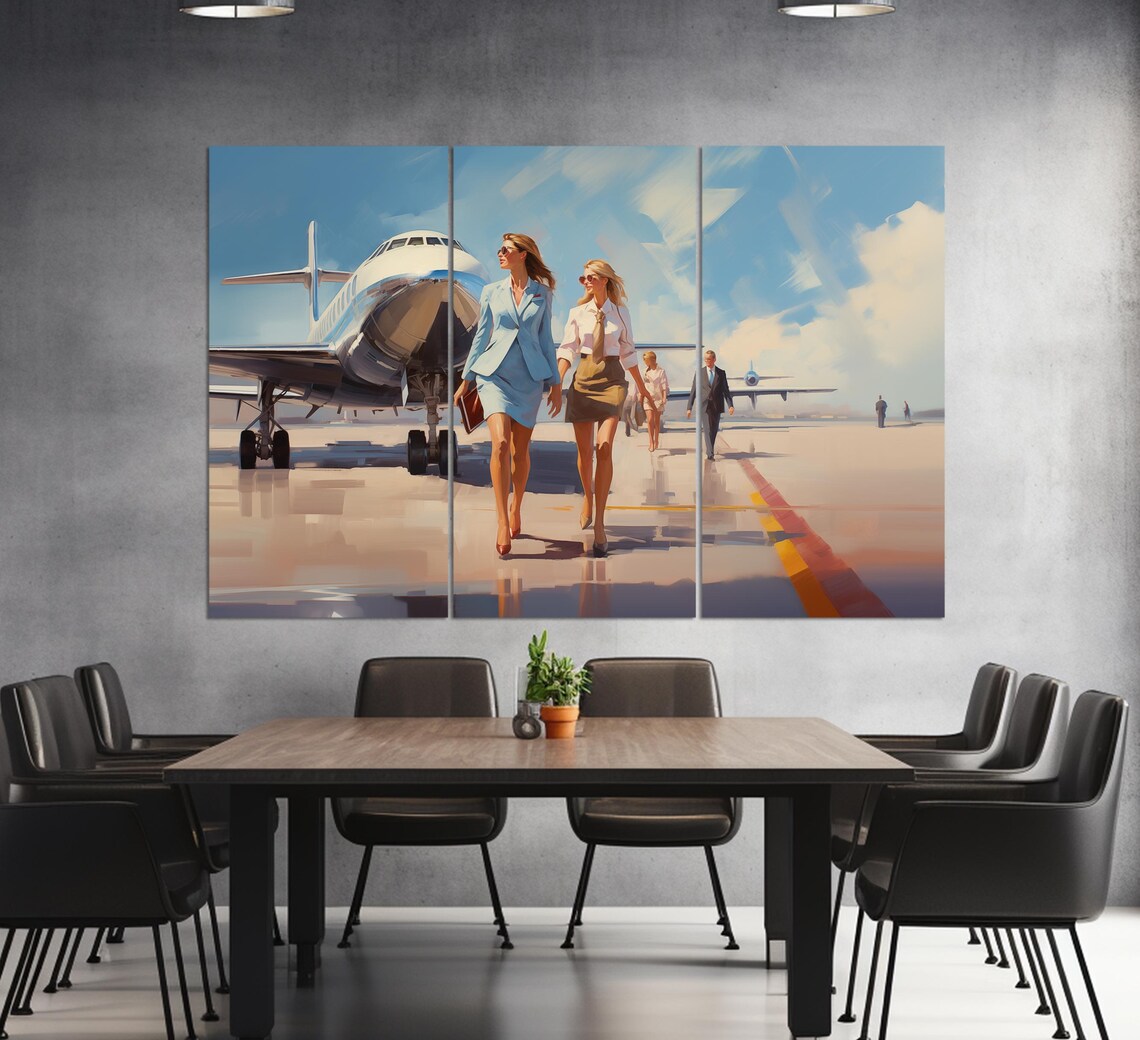 Confident Businesswomen Walking Private Jet Airport Tarmac Painting Print - Image 4