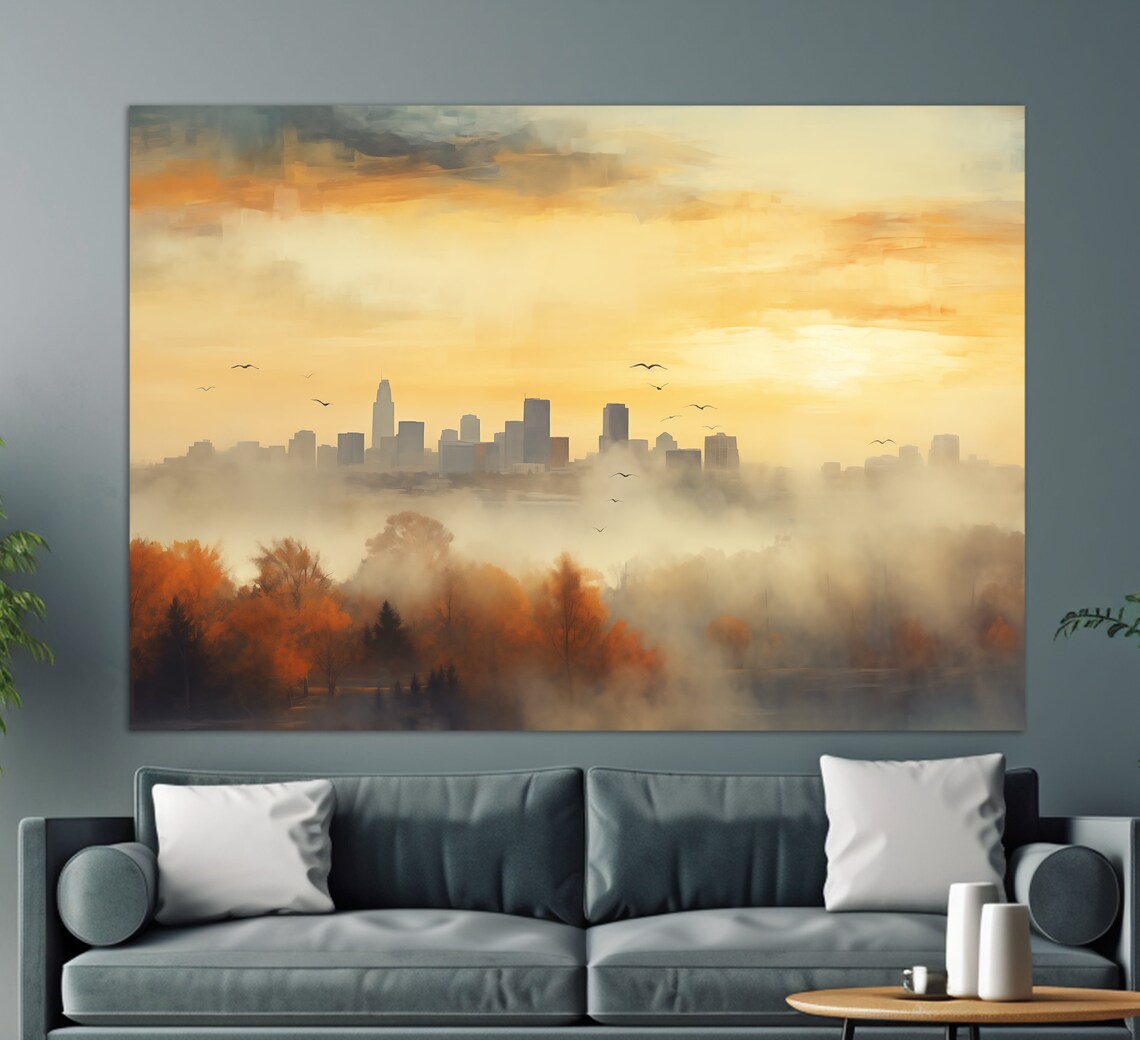 City Skyline Sunrise Misty Fog Abstract Autumn Trees Golden Sky Poster