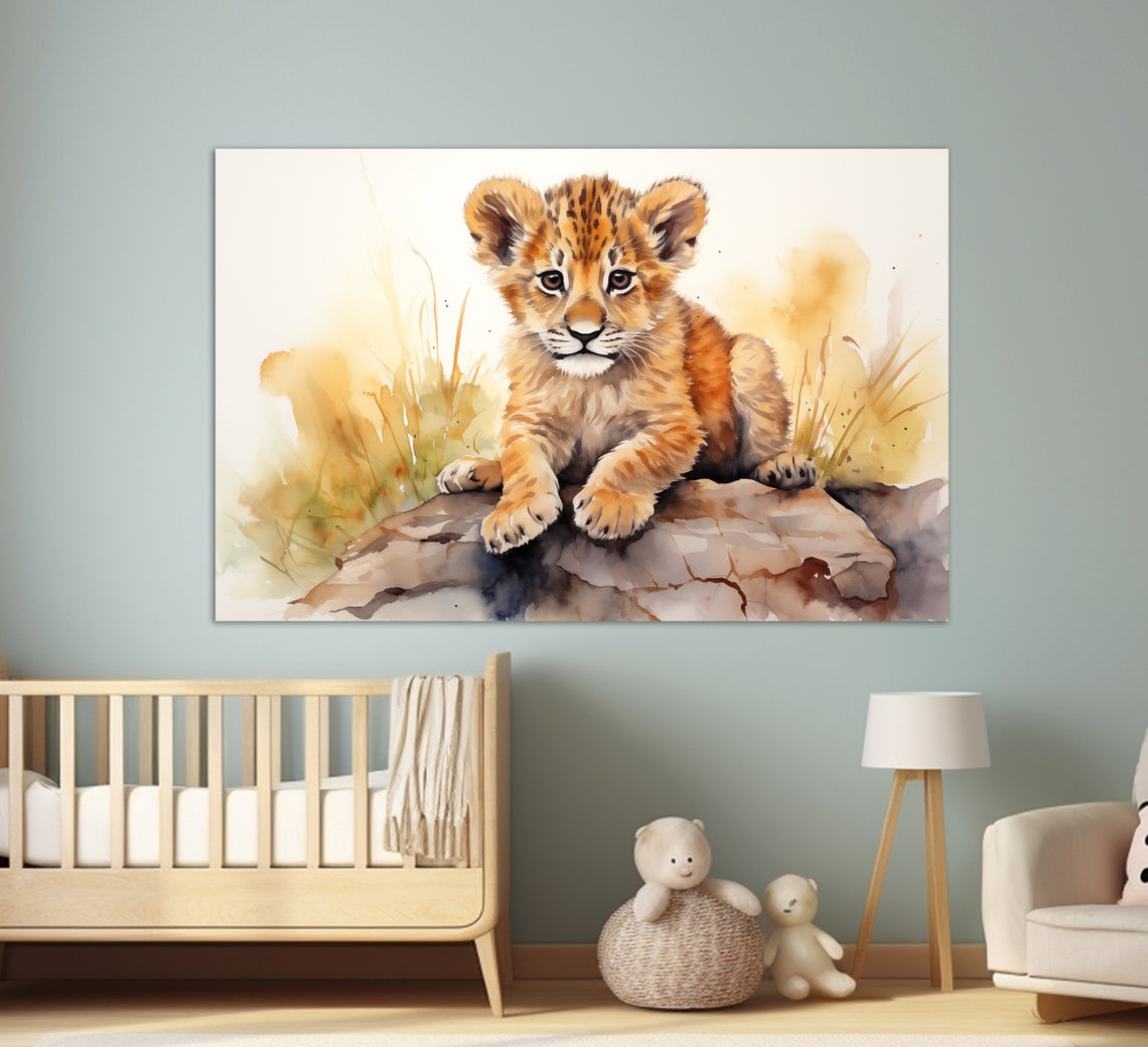 Cute Lion Cub Sitting On Rock Watercolor Nursery Kids Wall Art