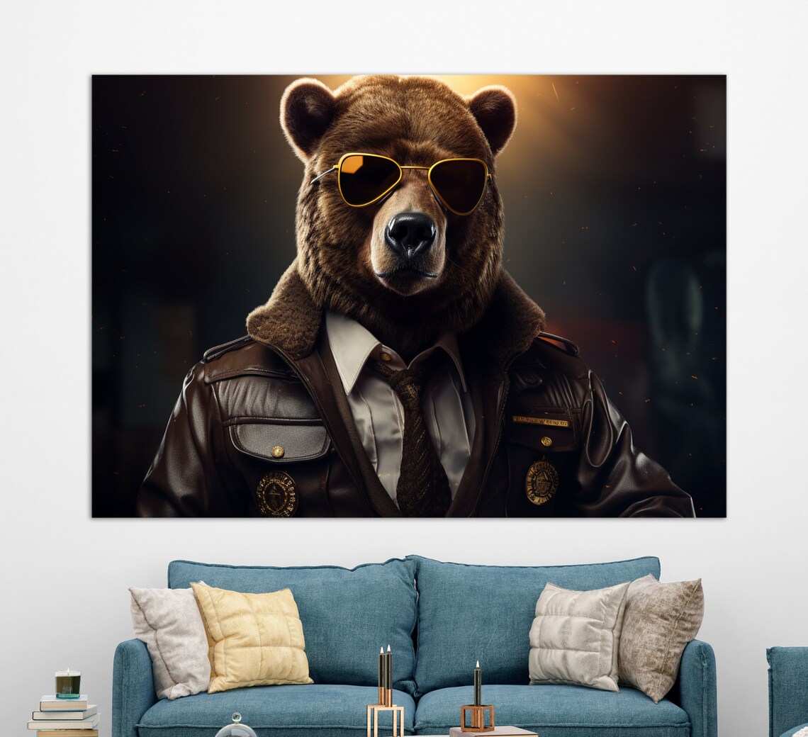 Bear Police Officer Sunglasses Leather Jacket Portrait Funny Animal Wall Art