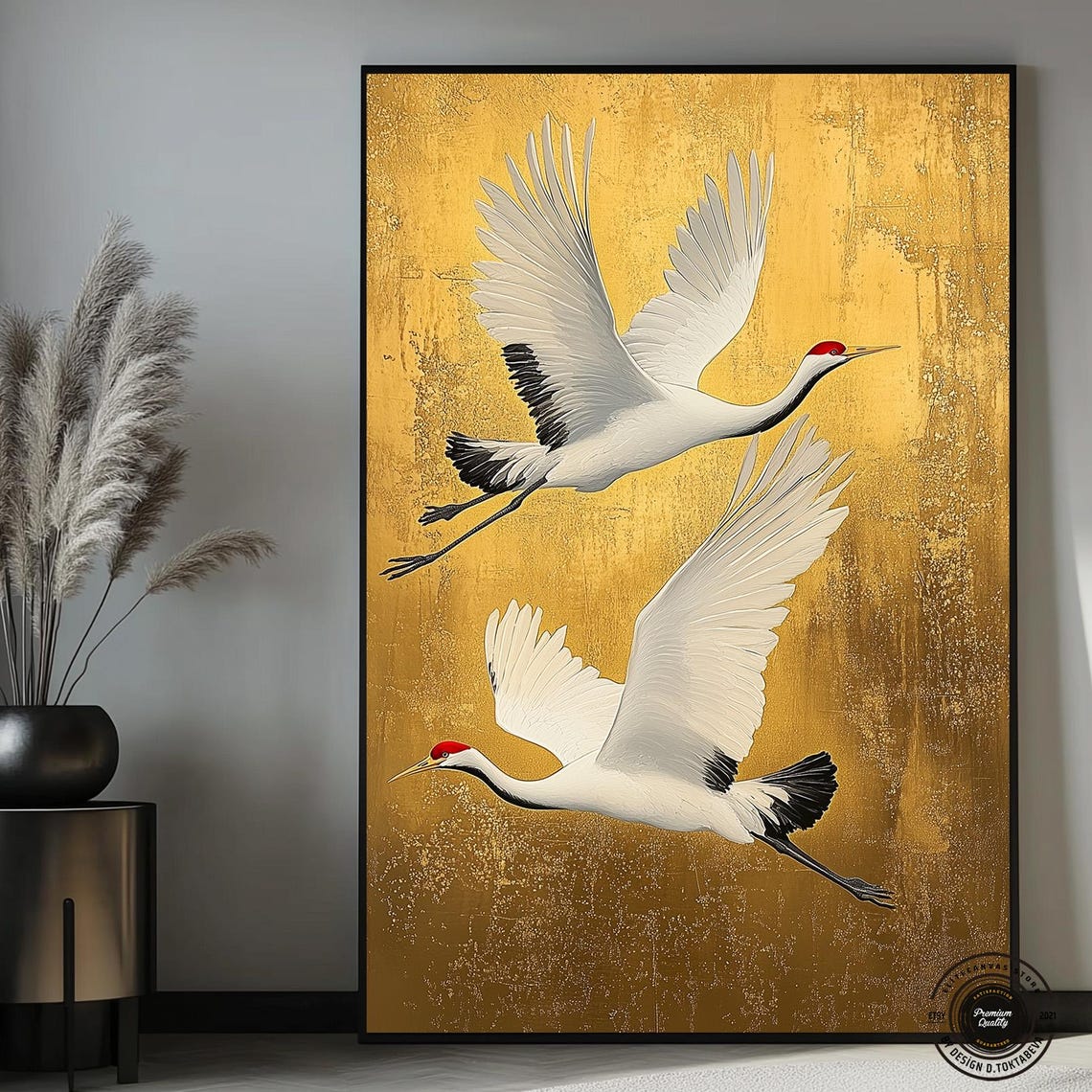 Two Red Crowned Cranes in Flight on Gold Leaf Background Poster