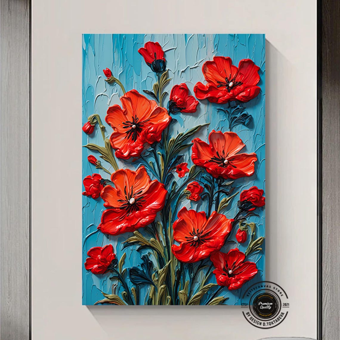 Red Poppies Impasto Floral Blue Background Bold Flower Poster