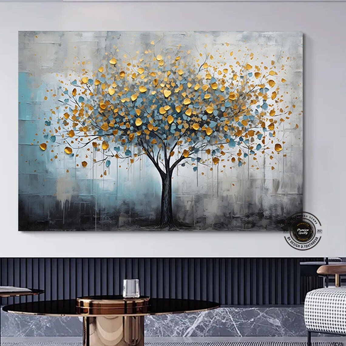 Golden Blue Tree of Life Textured Leaves Abstract Nature Poster