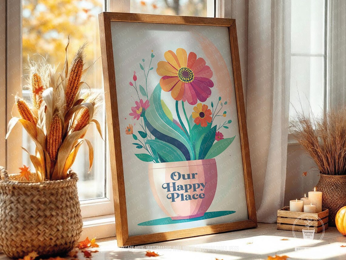 Our Happy Place Colourful Floral Plant Pot Cozy Happy Home Poster