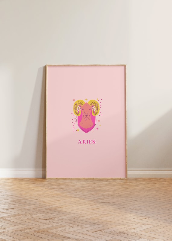 Pretty Aries Pink Zodiac Ram Star Sign Astrology Gift Wall Art