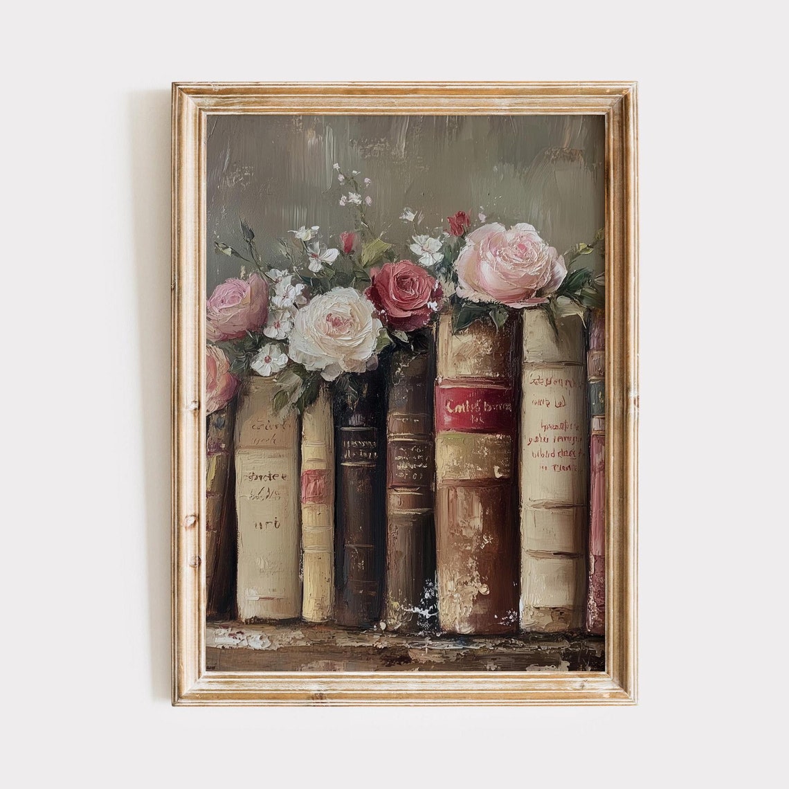 Vintage Books Roses Bouquet Oil Painting Romantic Decor Poster