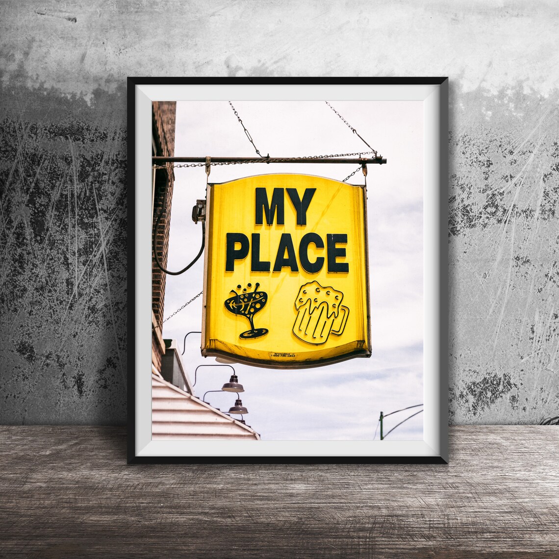 My Place Yellow Dive Bar Sign Cocktails Beer Martini Mug Poster