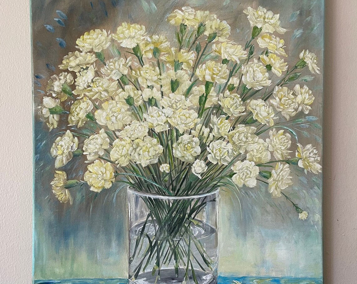 Carnations Flowers Original Handmade Oil Painting On Bouquet Of Yellow Carnations Painting Floral Wall Art One Of Kind Gift