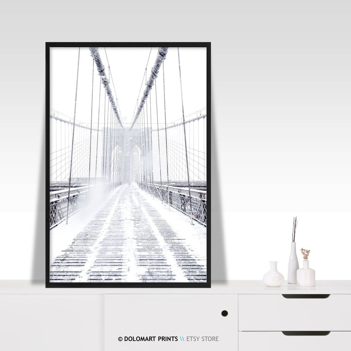 Brooklyn Bridge in Snow Black and White Winter Photography Poster - Image 2
