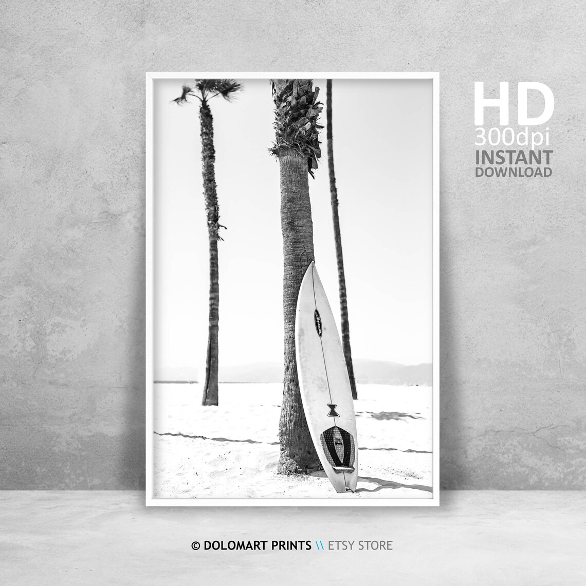 Black And White Surfboard Palm Trees Tropical Beach Photography Poster