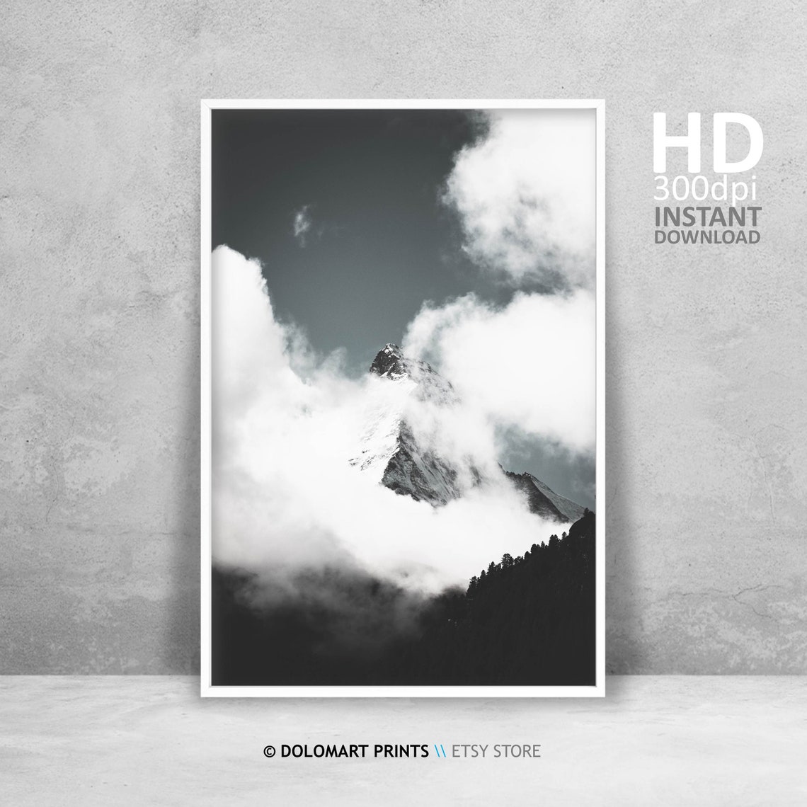 Snowy Mountain Peak Emerging From Clouds Black And White Poster