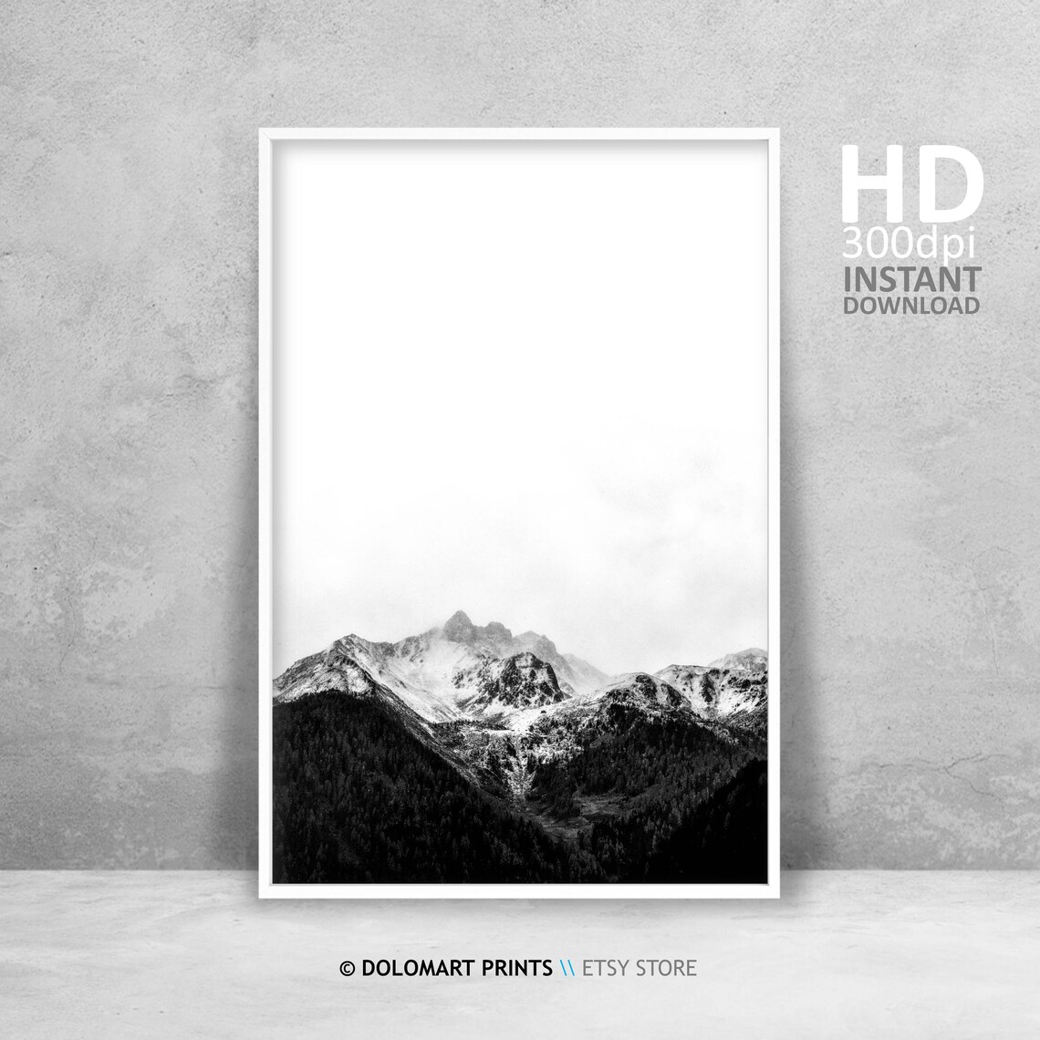 Mountains Black And White Art Print, Scandinavian Decor