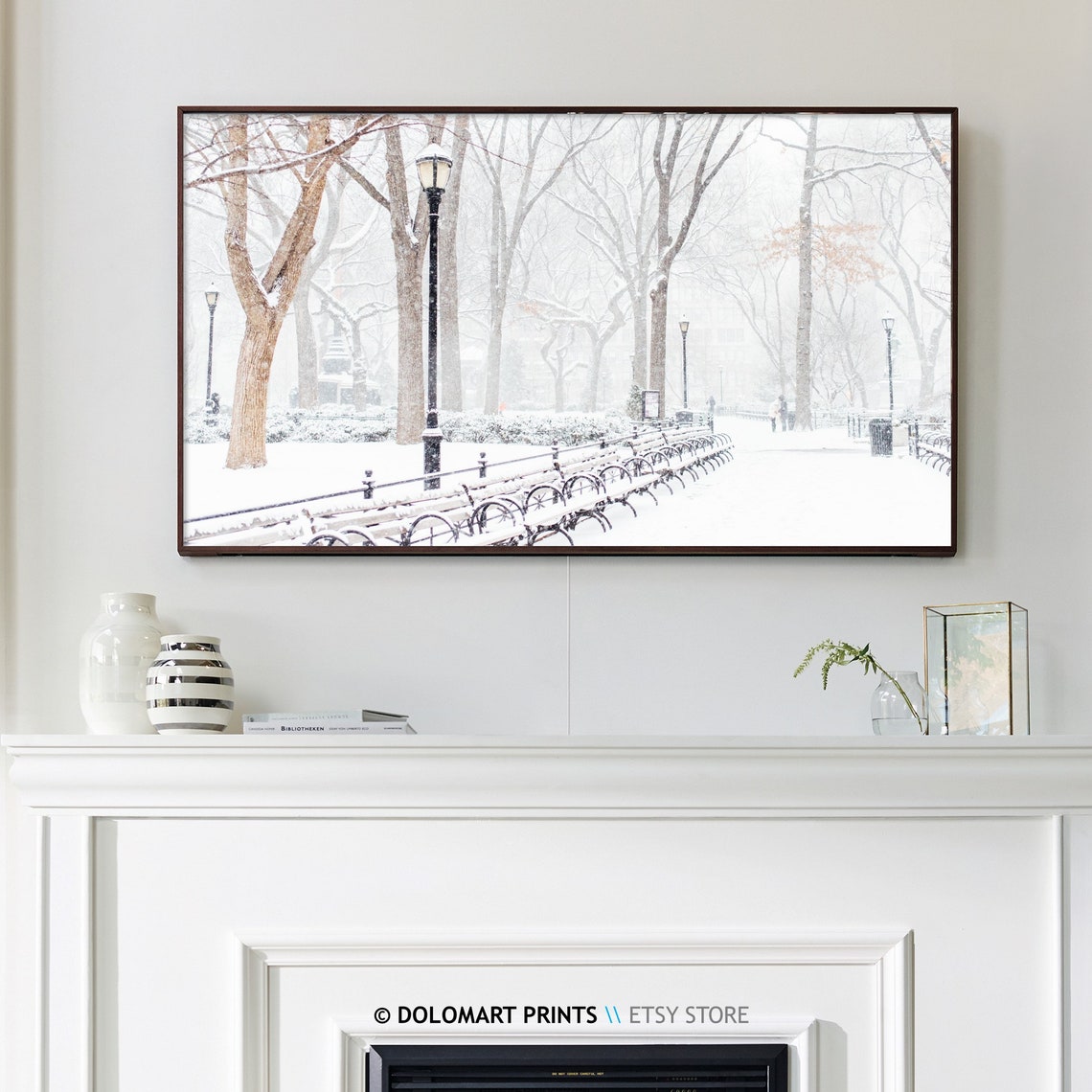 Snowy Park Path With Benches And Lampposts Winter Wonderland Poster - Image 3
