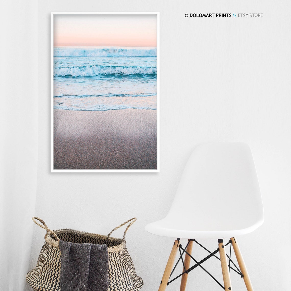 Pastel Pink Sky Over Gentle Ocean Waves Sandy Beach Photography Poster - Image 3