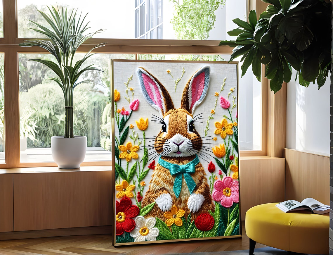 Cute Embroidered Bunny Rabbit With Blooming Flower Garden Poster - Image 5