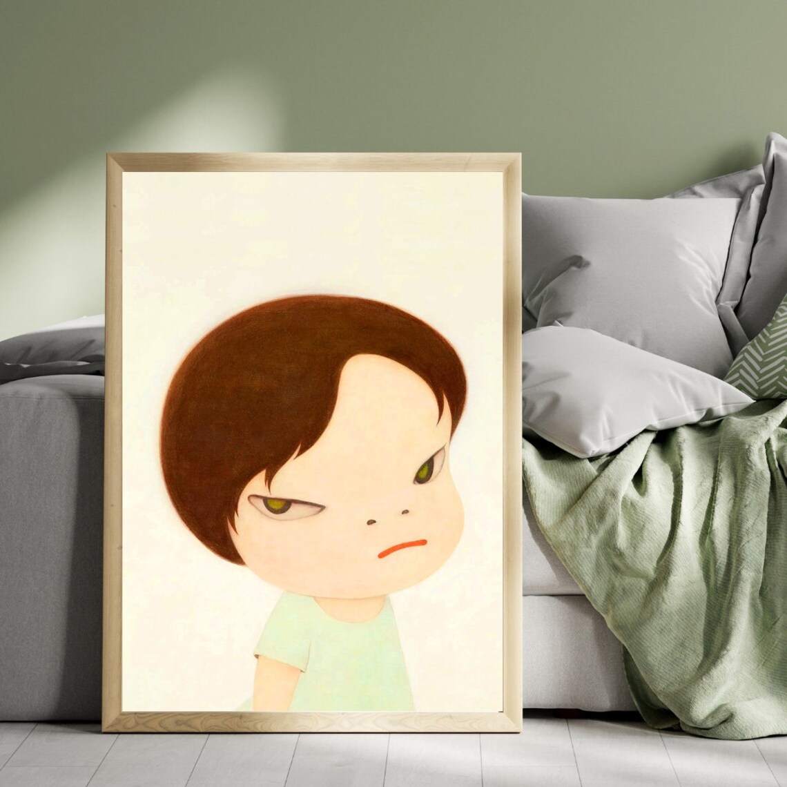 Yoshitomo Nara Sulky Boy in Green Shirt Moody Child Portrait Wall Art - Image 4