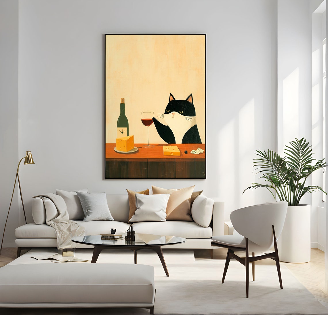 Black And White Cat With Red Wine And Cheese Whimsical Poster - Image 5
