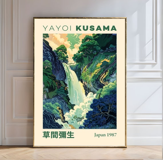 Yayoi Kusama Print Waterfall Scenery In Verdant Forest Yayoi Kusama Waterfall Verdant Forest Nature Tranquility Art Print Lush
