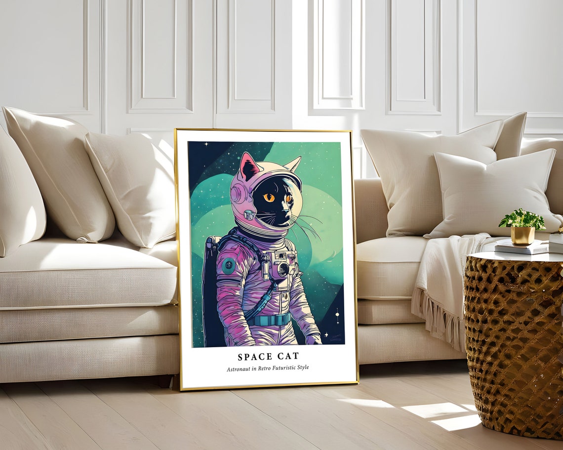 Space Cat Astronaut Retro Futuristic Style Galaxy Portrait Poster - Image 3