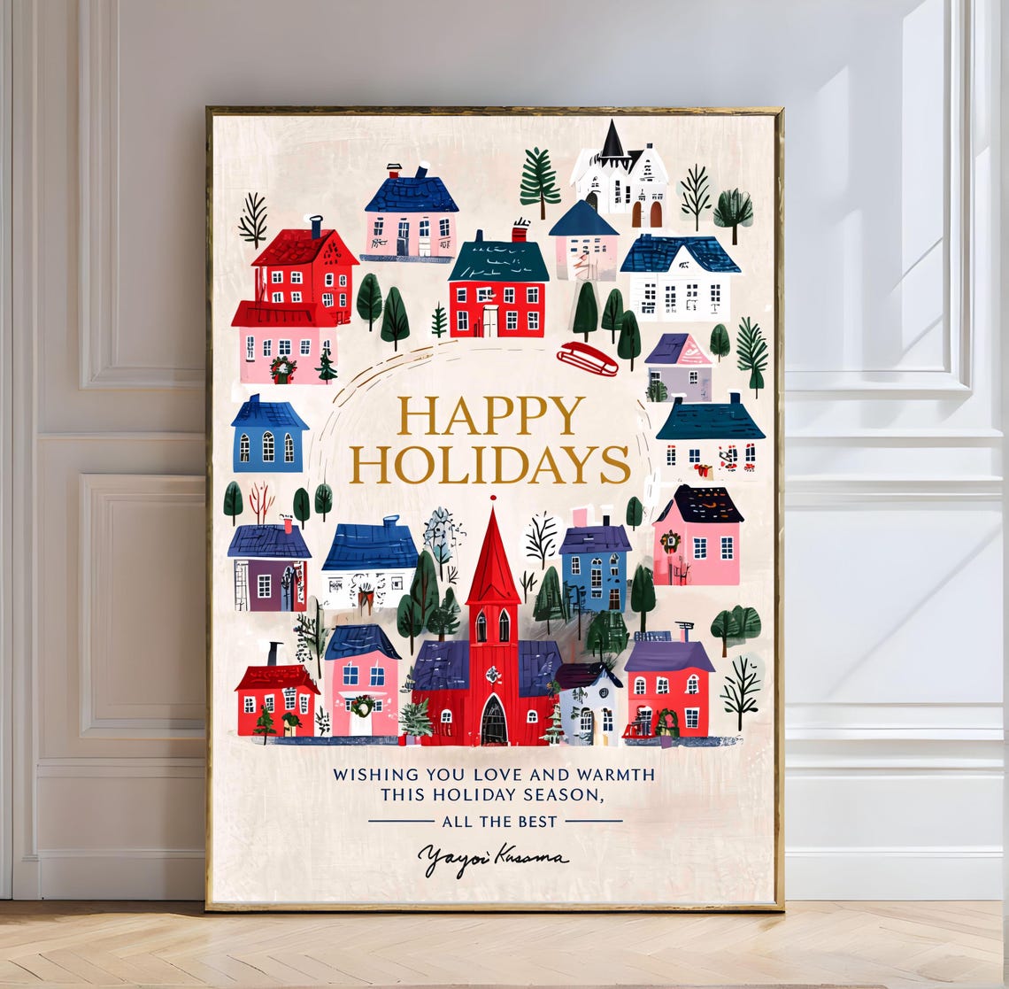 Yayoi Kusama Poster Happy Holidays Cozy Winter Village Art Print Yayoi Kusama Holiday Print Winter Village Cozy Decor Festive Art