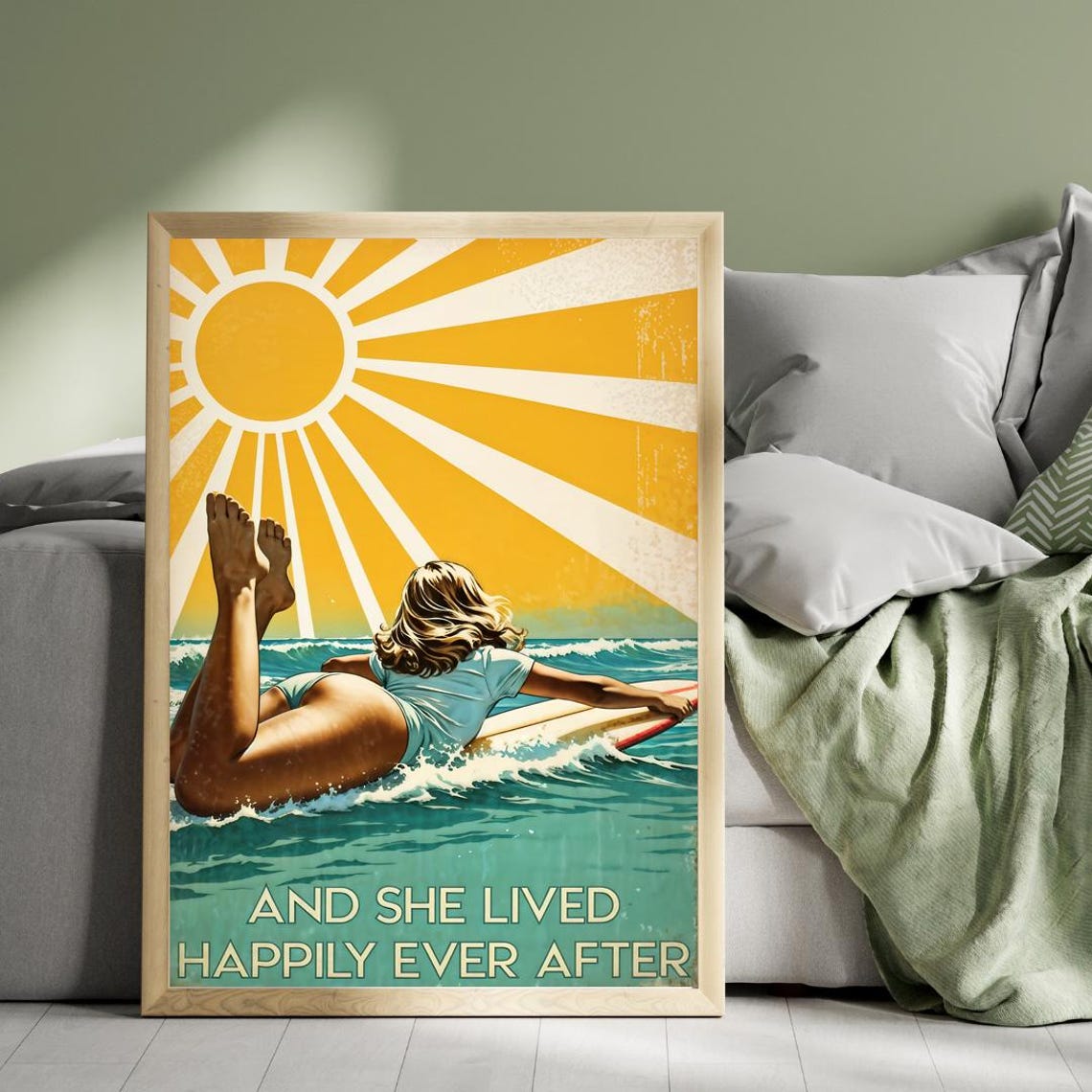 Surfing Girl Happily Ever After Vintage Sunburst Surf Art Poster - Image 5