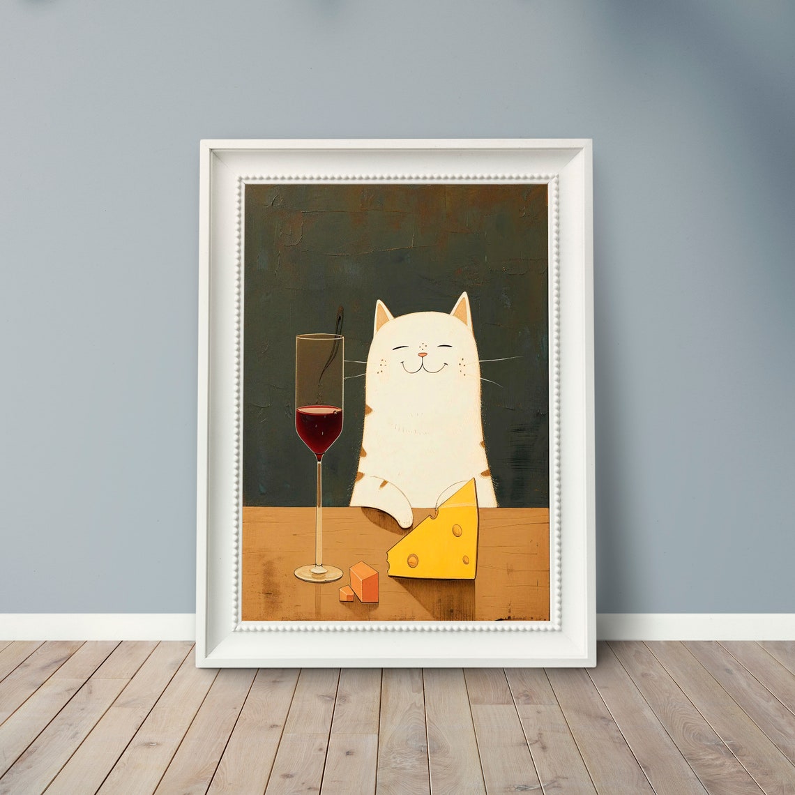 Serene Sips Smiling White Cat With Wine And Cheese Funny Art Print - Image 4