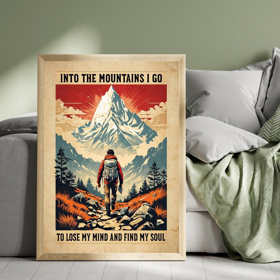 Into The Mountains I Go Vintage Hiker Snowy Peak Adventure Poster - Image 4