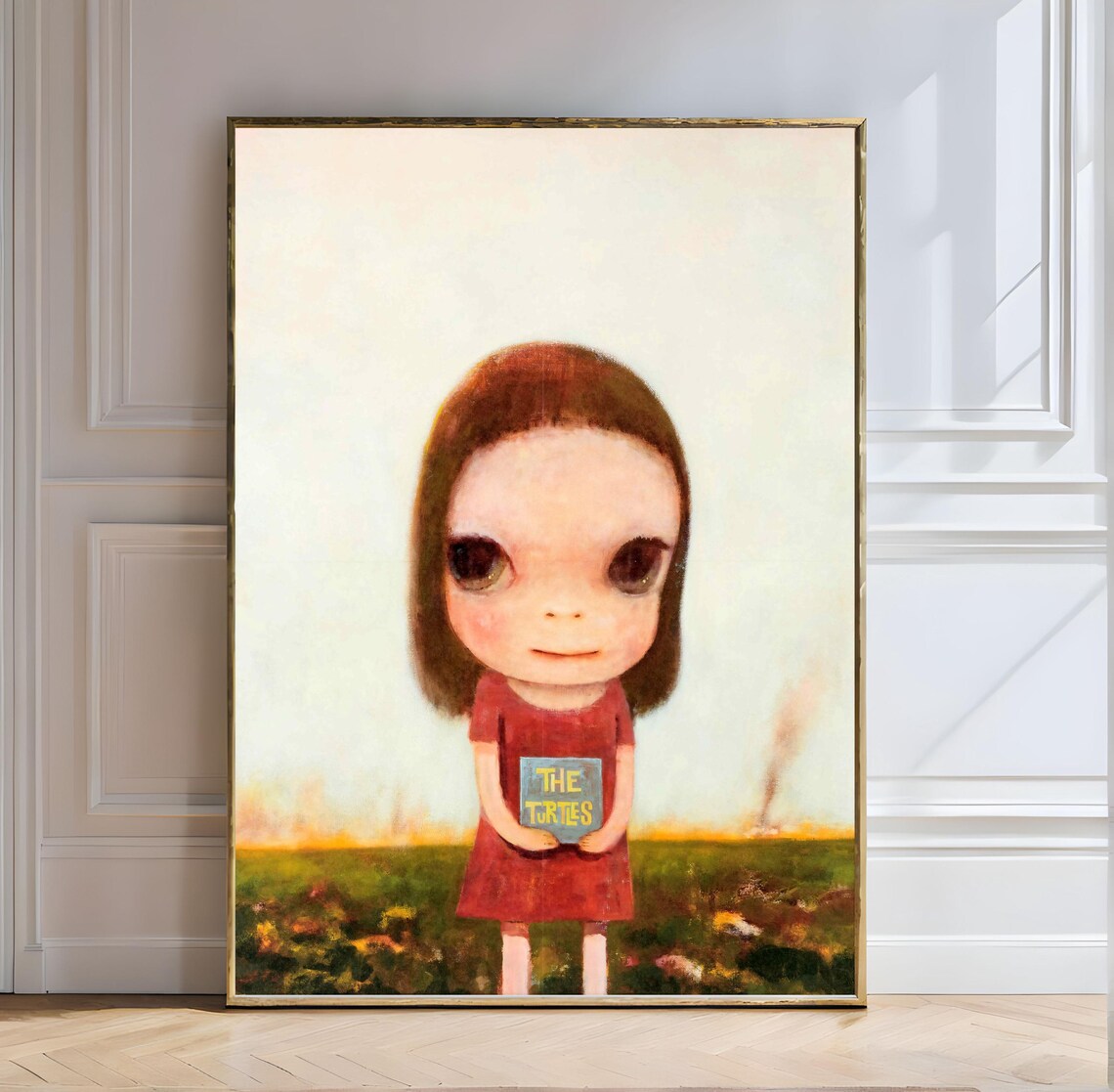 Yoshitomo Nara Red Dress Girl Holding Book in Field Sunset Wall Art