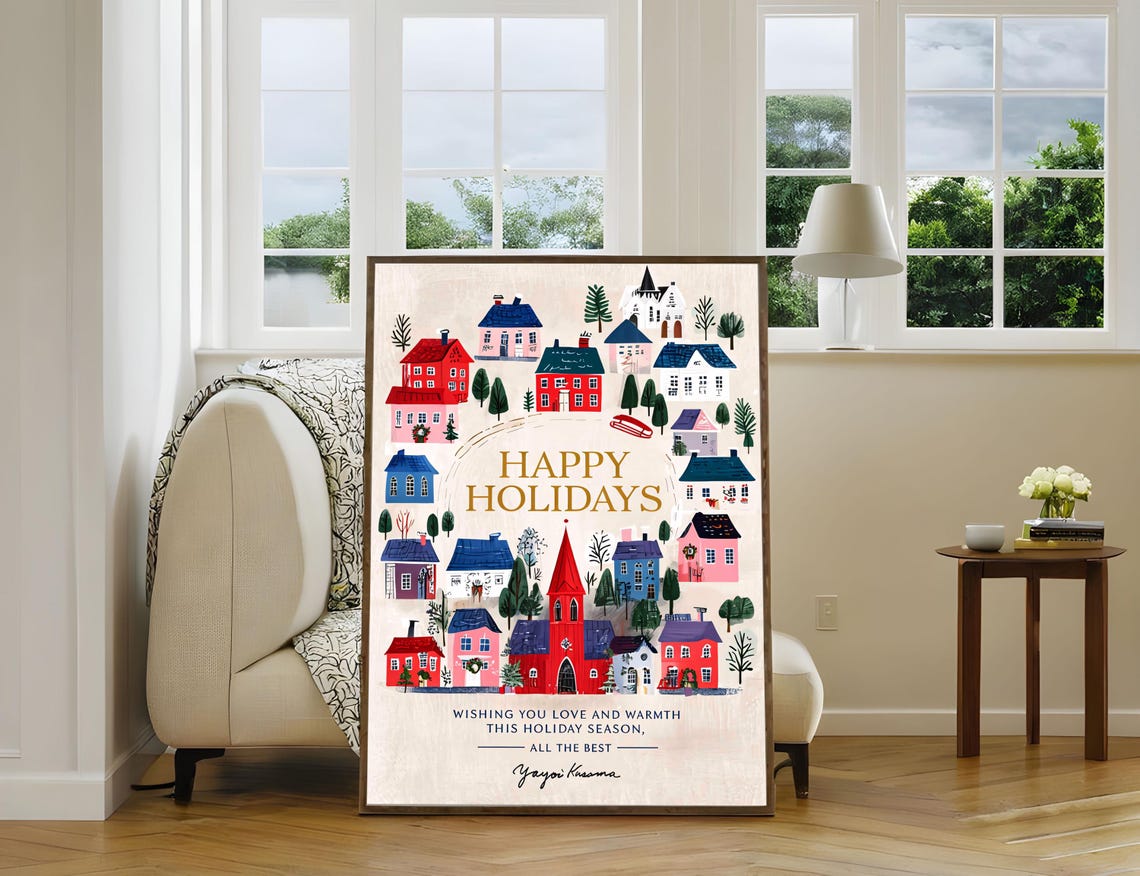 Yayoi Kusama Poster Happy Holidays Cozy Winter Village Art Print Yayoi Kusama Holiday Print Winter Village Cozy Decor Festive Art - Image 4