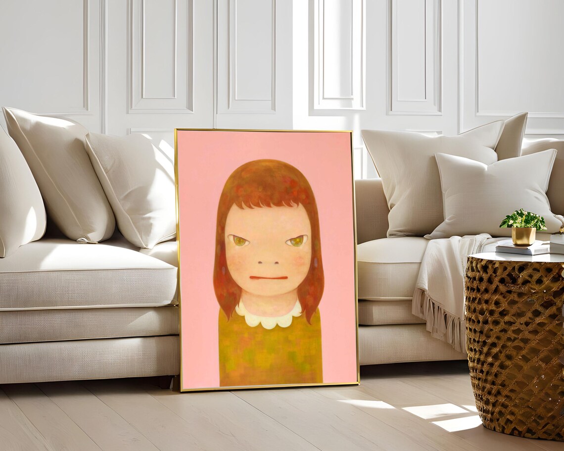 Yoshitomo Nara Pink Background Girl Mustard Sweater Portrait Wall Art - Image 2
