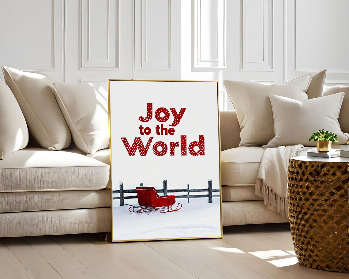 Joy To The World Red Sleigh Snow Christmas Holiday Art Poster - Image 3