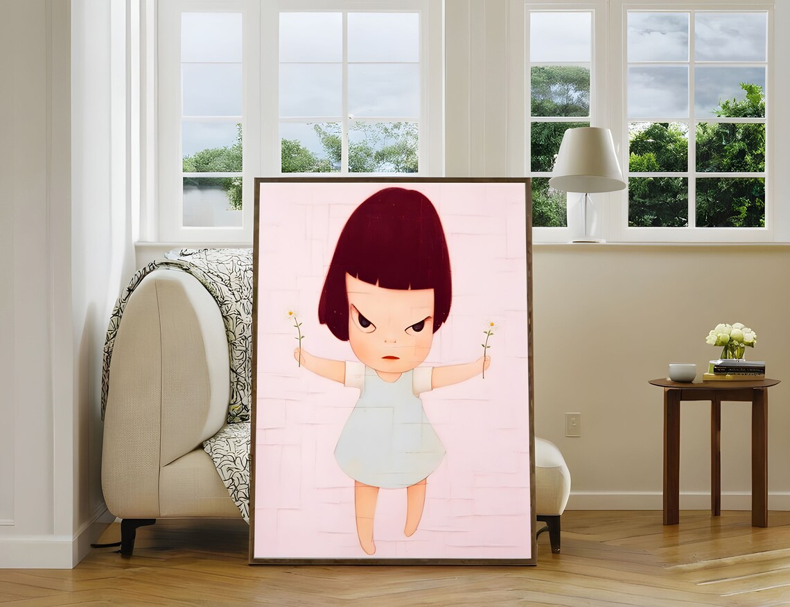 Yoshitomo Nara Girl Holding Flowers Defiant Pastel Japanese Art Poster - Image 3