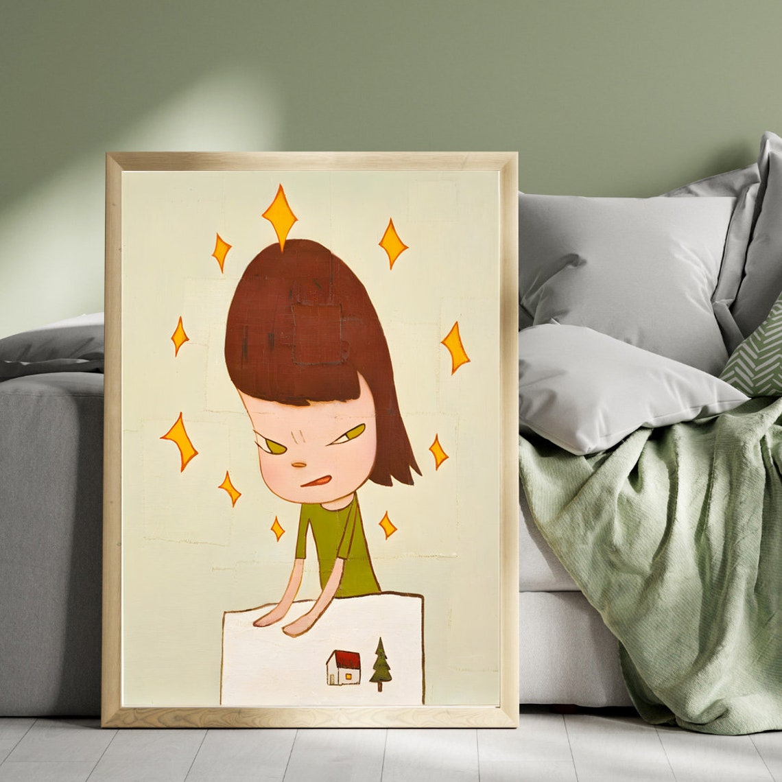 Yoshitomo Nara Angry Girl Ten Stars Sparkles Green Dress Wall Art - Image 5