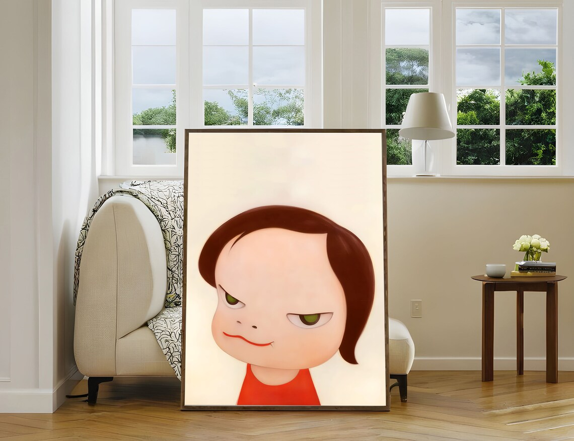 Yoshitomo Nara Green Eyes Girl Red Dress Moody Portrait Wall Art - Image 2