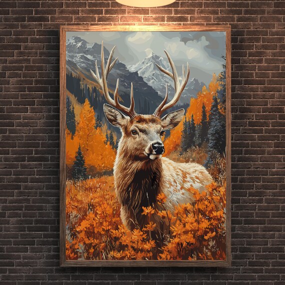 Majestic Red Deer Stag in Autumn Forest Vintage Style Poster